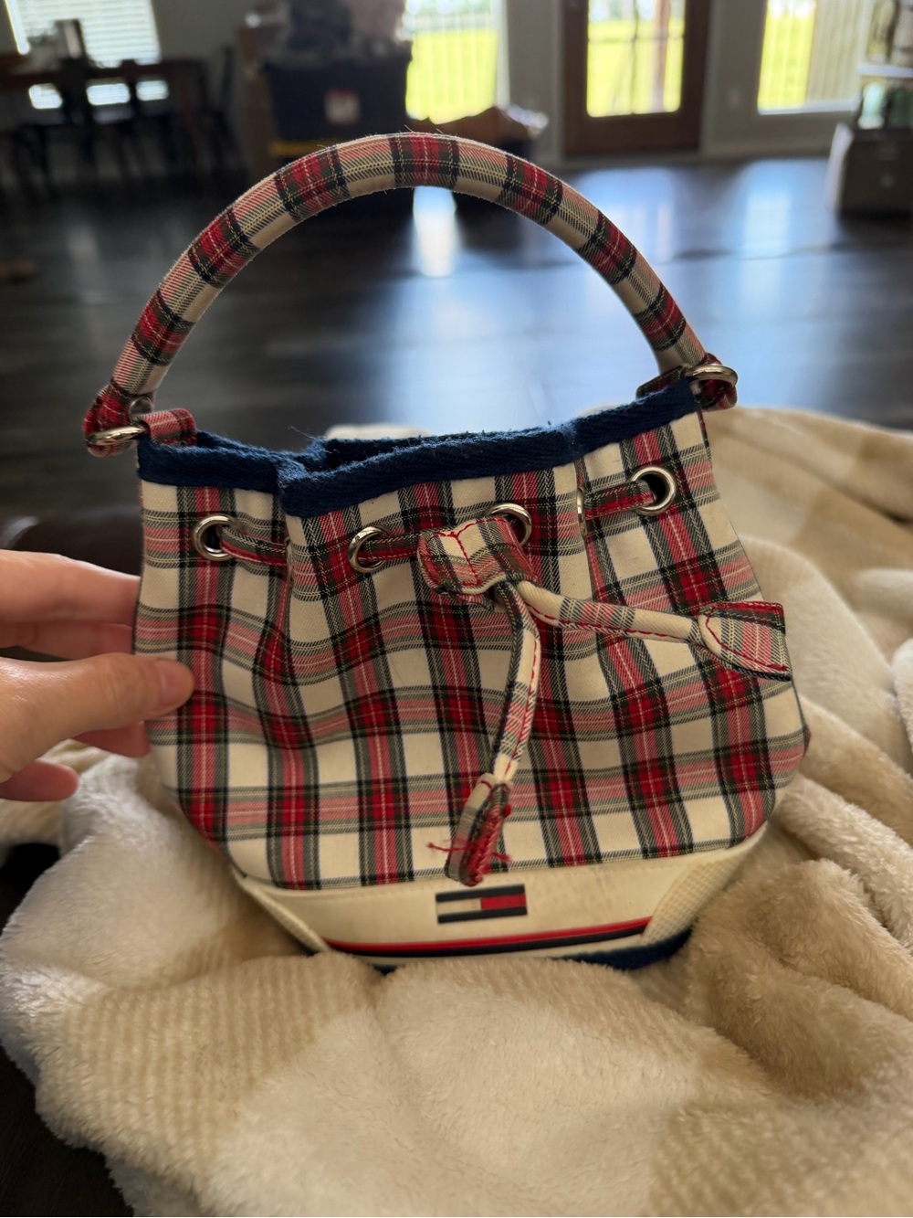 Tommy Hilfiger Red and Navy Plaid Mini Drawstring Bucket Bag